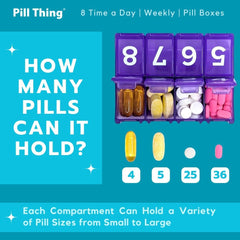 PILL THING six-dose compartments with easy-grasp lids for quick access.