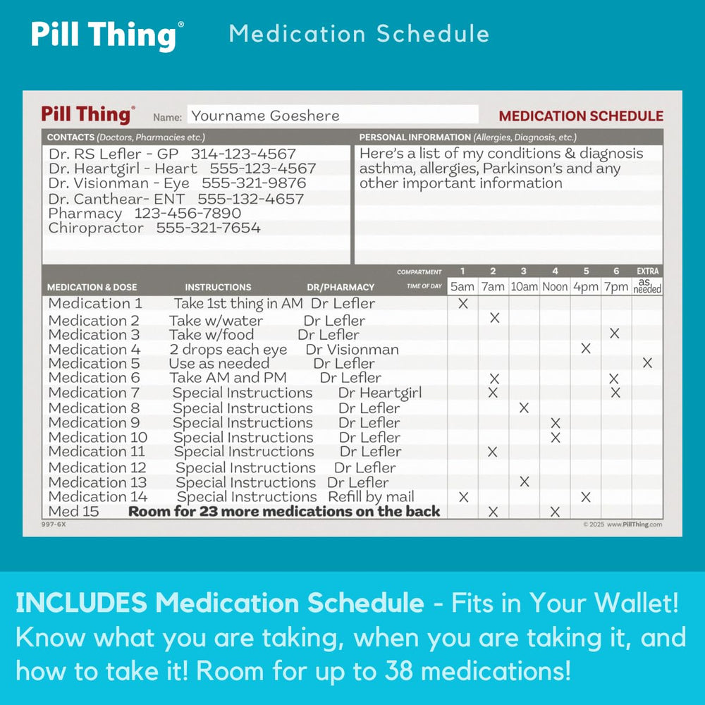 PILL THING Two sided tracking card supports up to 38 prescriptions and notes.