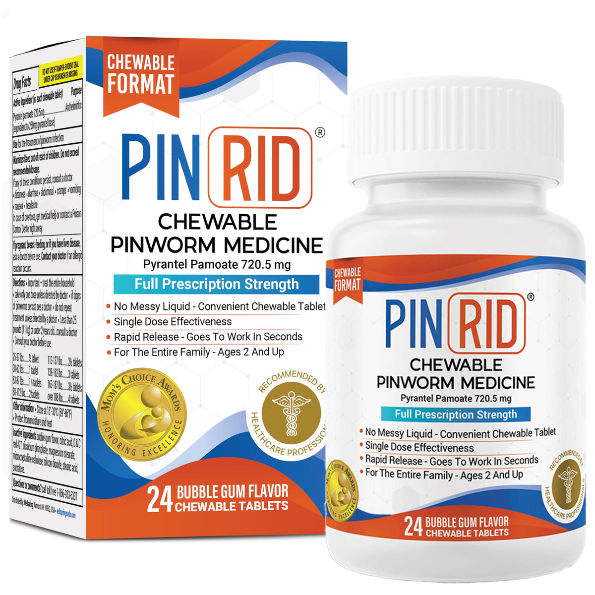 PIN RID bubblegum chewable tablets ready for family use and quick relief.