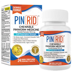 PIN RID bubblegum chewable tablets ready for family use and quick relief.