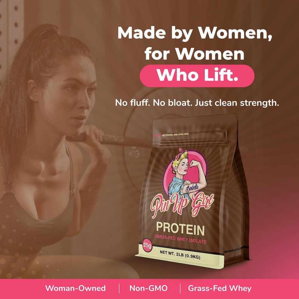 Pin Up Girl Whey Isolate scoop with Dutch Chocolate demonstrates easy mixing and quick protein boost