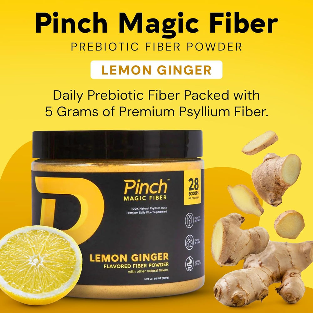 Pinch Magic Fiber lemon ginger ingredients closeup highlights psyllium husk