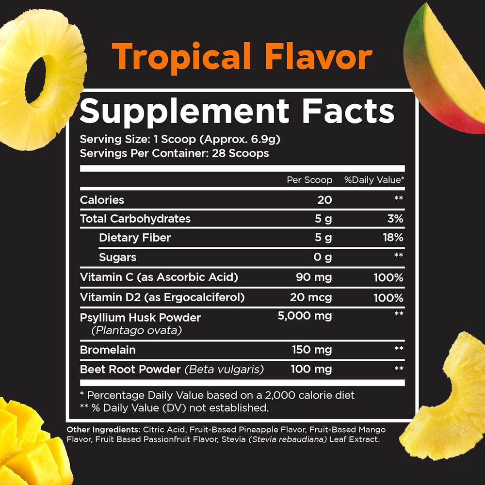 Pinch Magic Fiber Tropical nutrition label emphasizes clean ingredients.