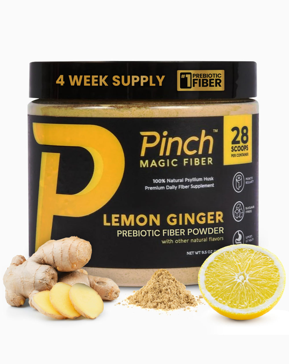 Pinch Magic Sugar-Free Fiber Powder bottle with scooper, promoting digestive wellness