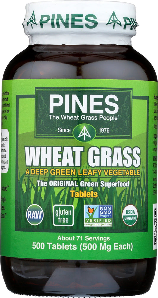 Pines Wheat Grass Tablets bottle for daily greens routine.