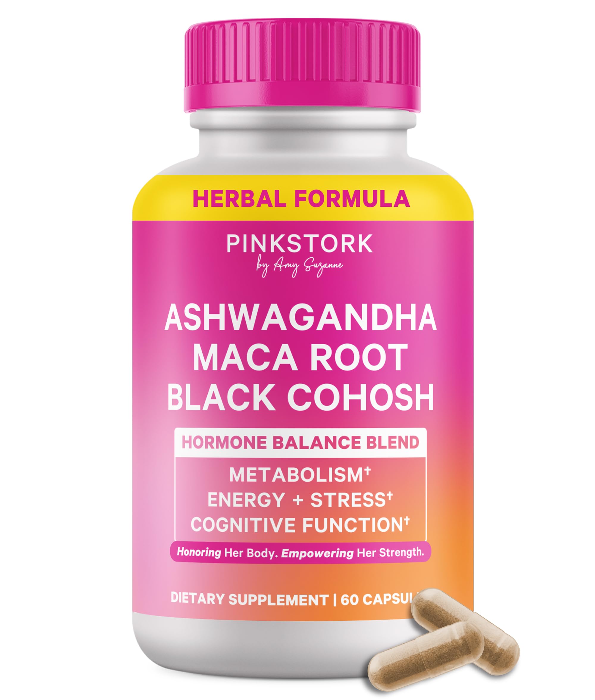 Pink Stork Ashwagandha blend bottle with capsules for hormonal balance and mood support