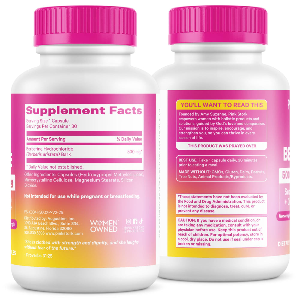 Pink Stork Berberine bottle shows 30 vegan capsules in the jar.