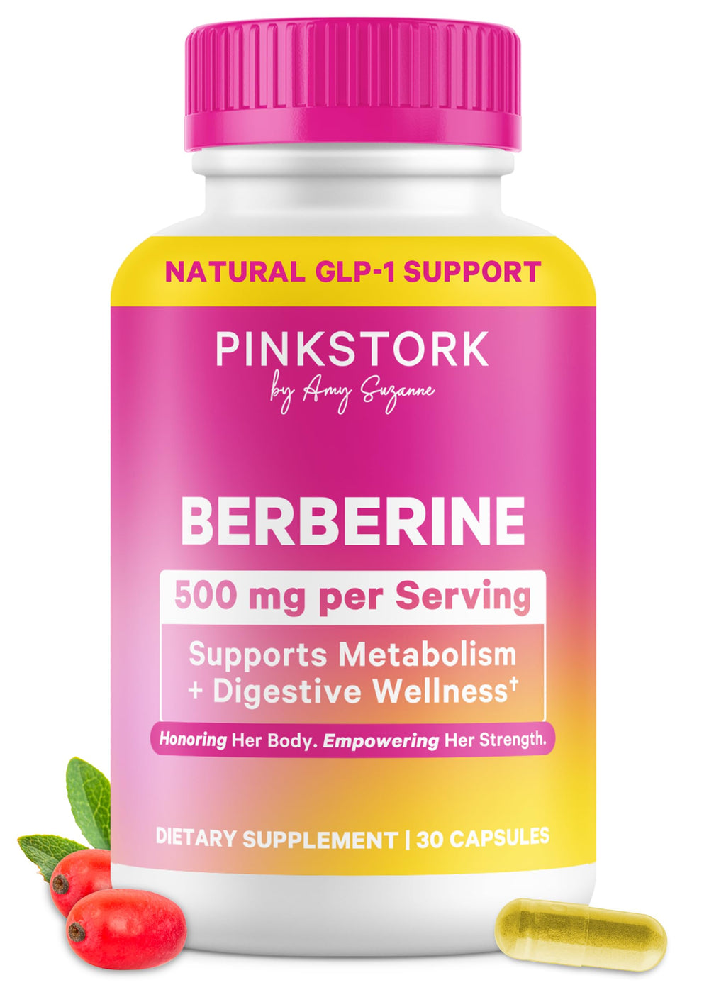 Pink Stork Berberine 500mg capsules in a bottle offer daily metabolic balance and gut wellness.