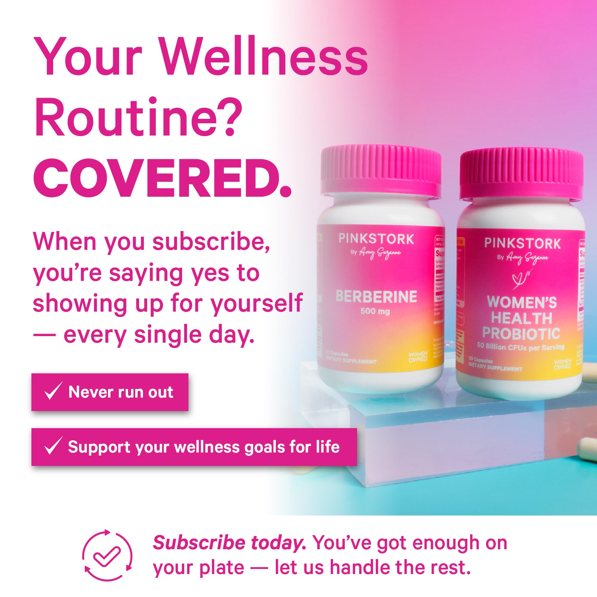Pink Stork Berberine capsule next to a glass of water for easy daily use.