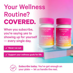 Pink Stork Berberine capsule next to a glass of water for easy daily use.