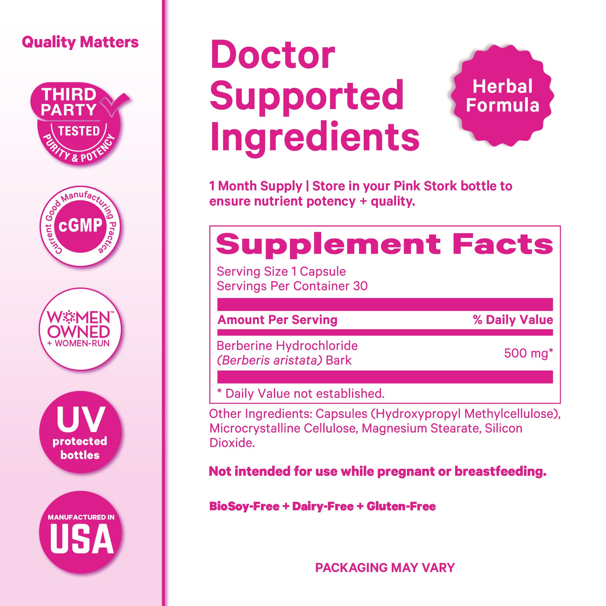 Pink Stork Berberine label shows vegan and non-GMO icons.