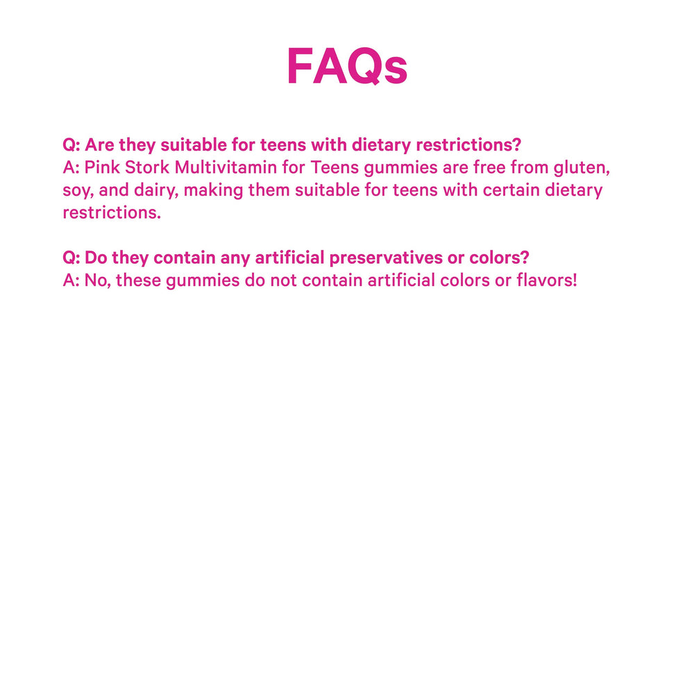 Pink Stork label emphasizes clinically studied nutrients for teens' daily routine.