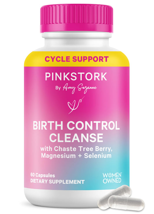 Pink Stork Birth Control Cleanse bottle pouring for easy daily use and balance.
