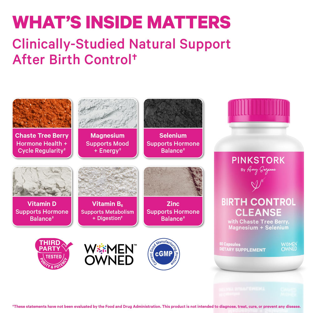 Pink Stork Birth Control Cleanse capsules closeup highlighting Vitex and minerals for balance.