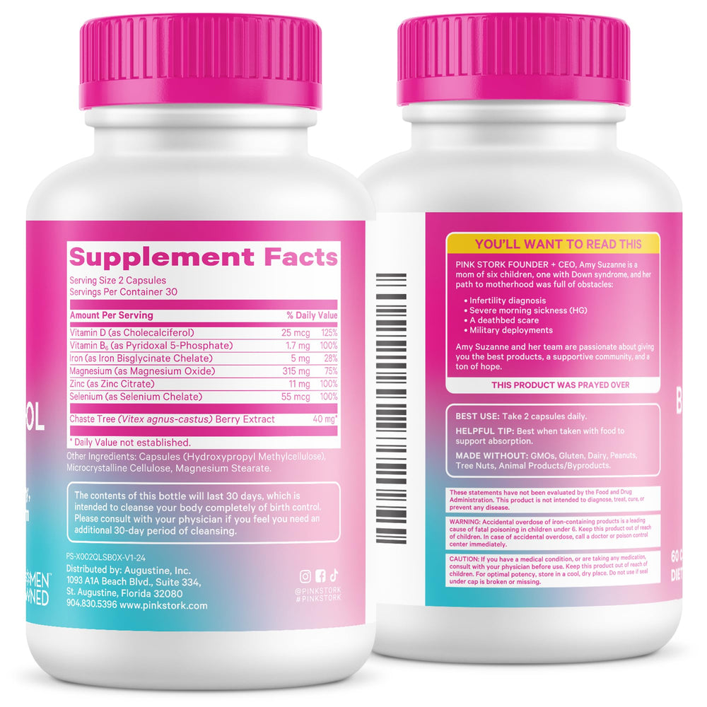 Pink Stork Birth Control Cleanse within Pink Stork Fertility line display.
