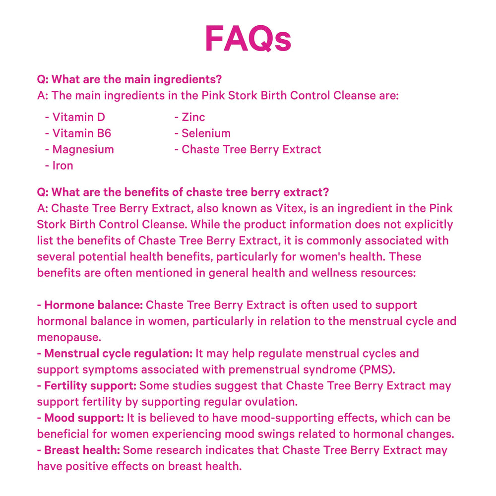 Pink Stork Birth Control Cleanse packaging image showing product details and nutrition.