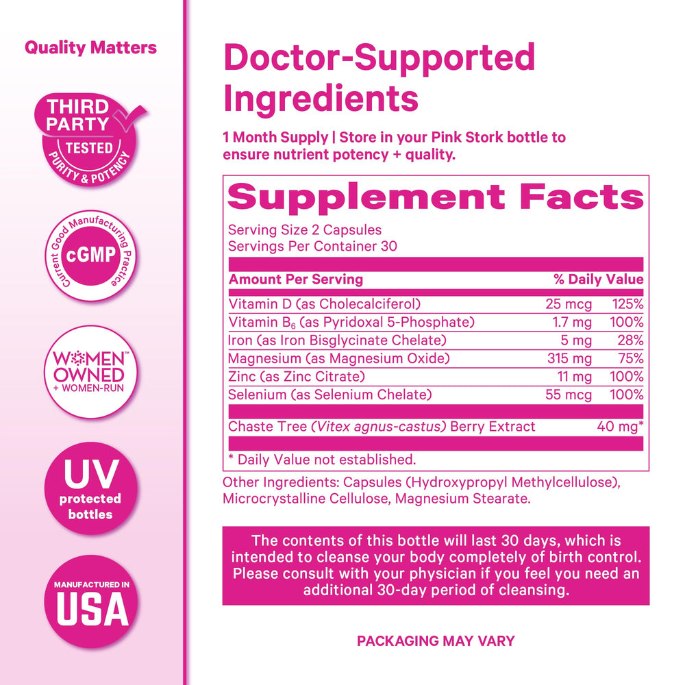 Pink Stork Birth Control Cleanse packaging with third-party testing seal.