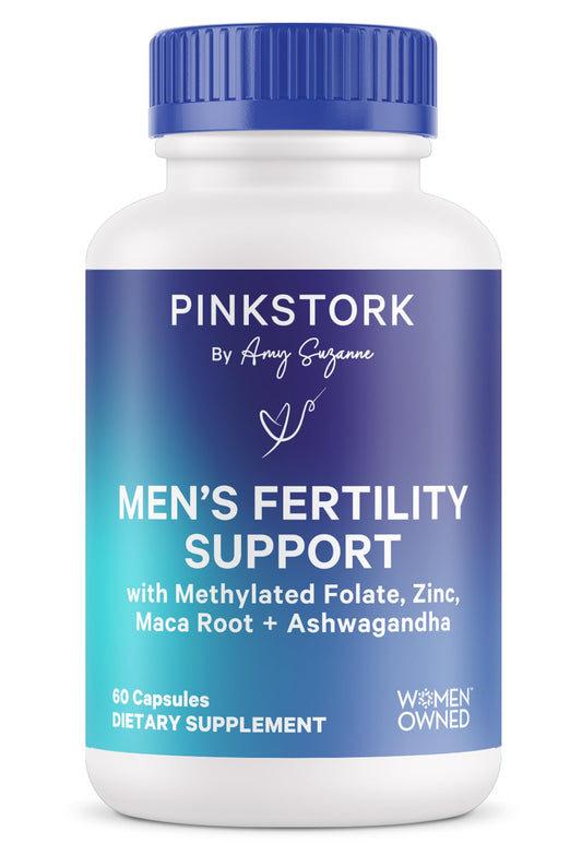 Pink Stork BlueStork men's fertility bottle with daily capsules for conception support.