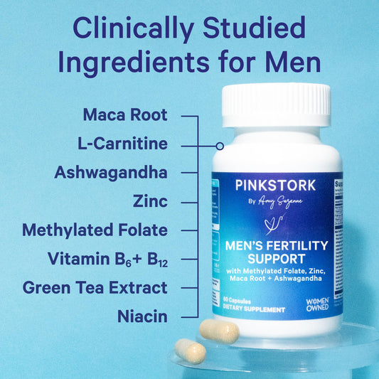 Pink Stork BlueStork men's fertility capsules arranged for daily use.