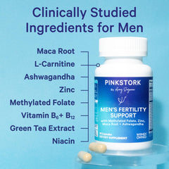 Pink Stork BlueStork men's fertility capsules arranged for daily use.