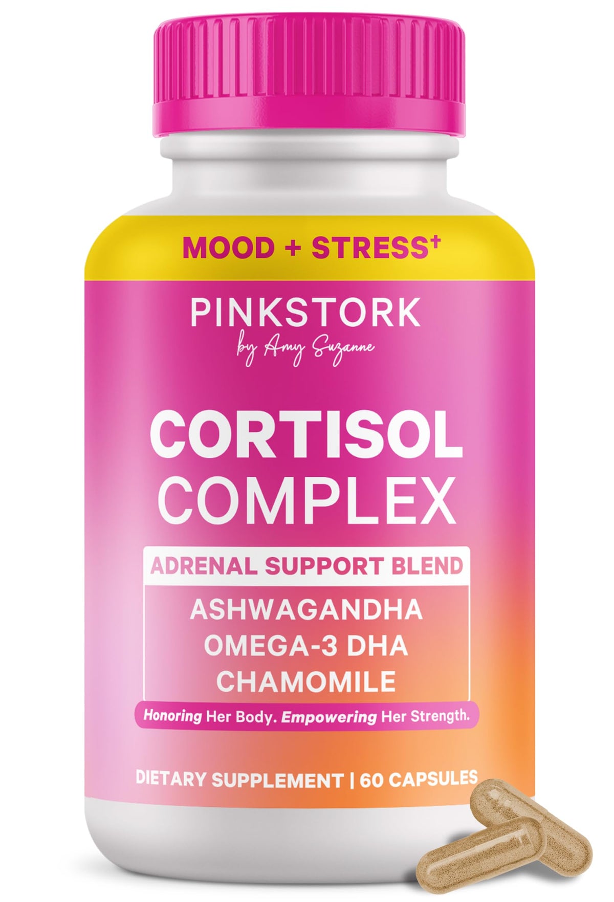 Pink Stork Cortisol Supplements bottle with label emphasizing daily adrenal balance.