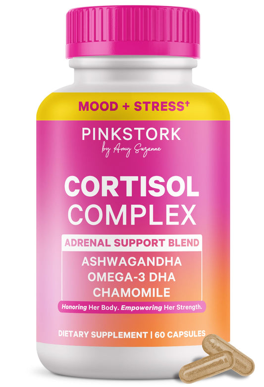 Pink Stork Cortisol Supplements bottle with label emphasizing daily adrenal balance.