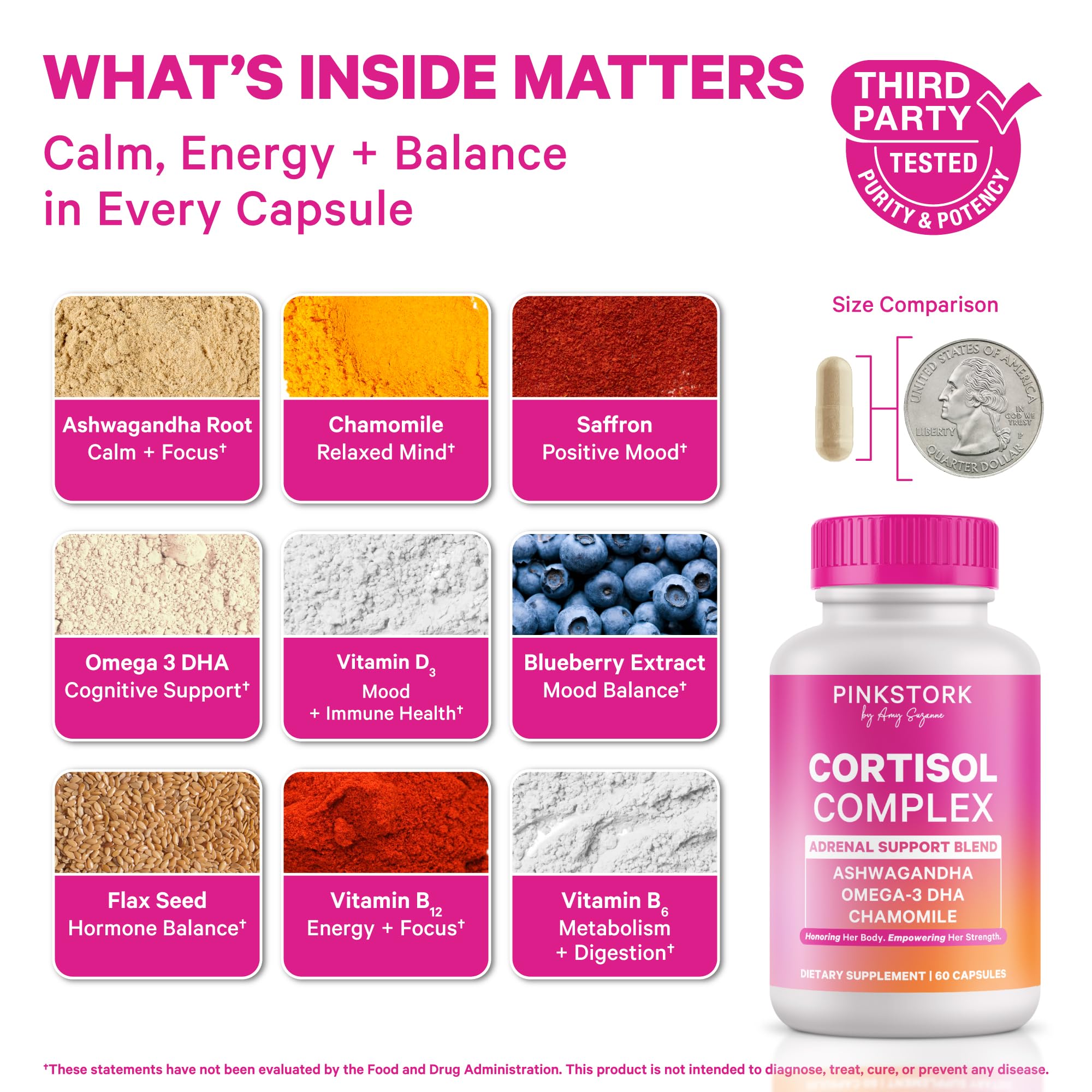 Pink Stork Cortisol capsules closeup illustrating a non-drowsy, daytime stress support formula.