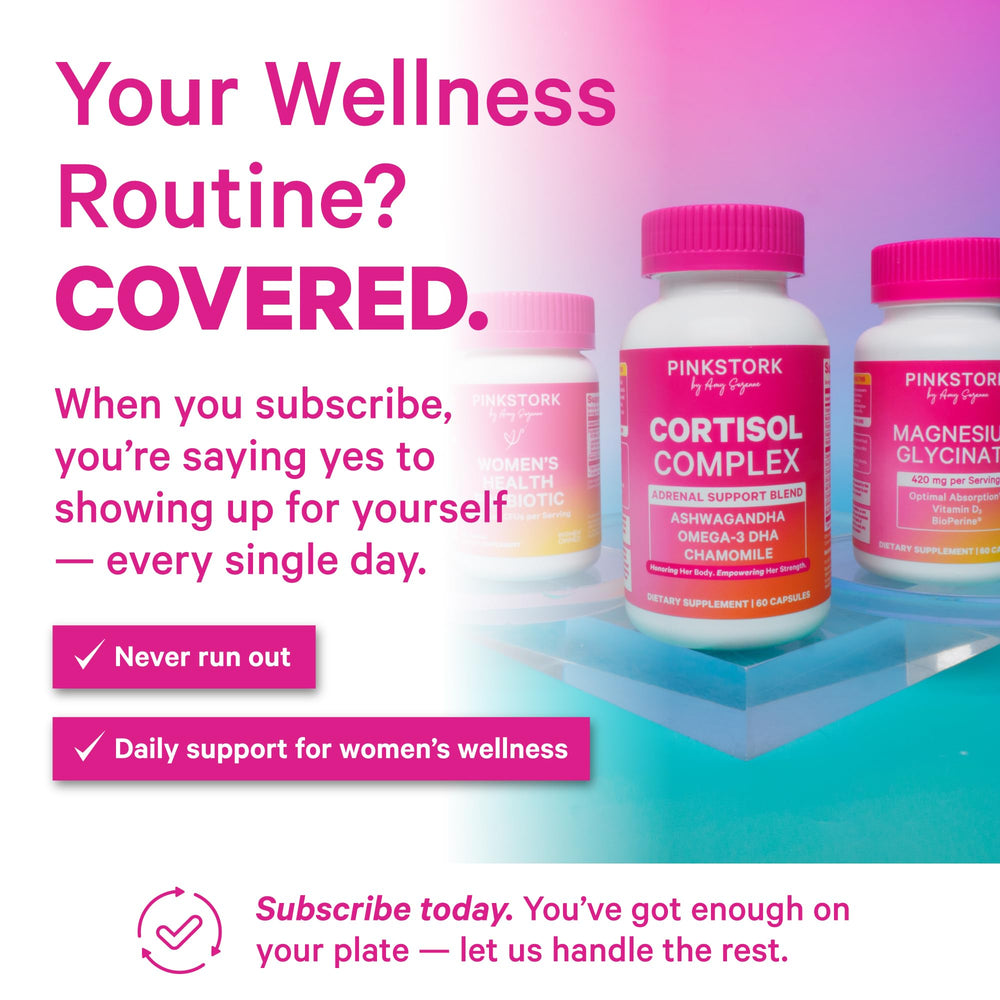 Pink Stork Cortisol Supplements omega-3 DHA highlight essential fatty acids for wellbeing.