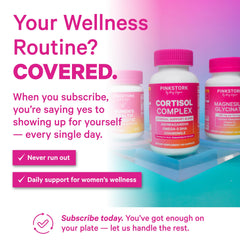 Pink Stork Cortisol Supplements omega-3 DHA highlight essential fatty acids for wellbeing.
