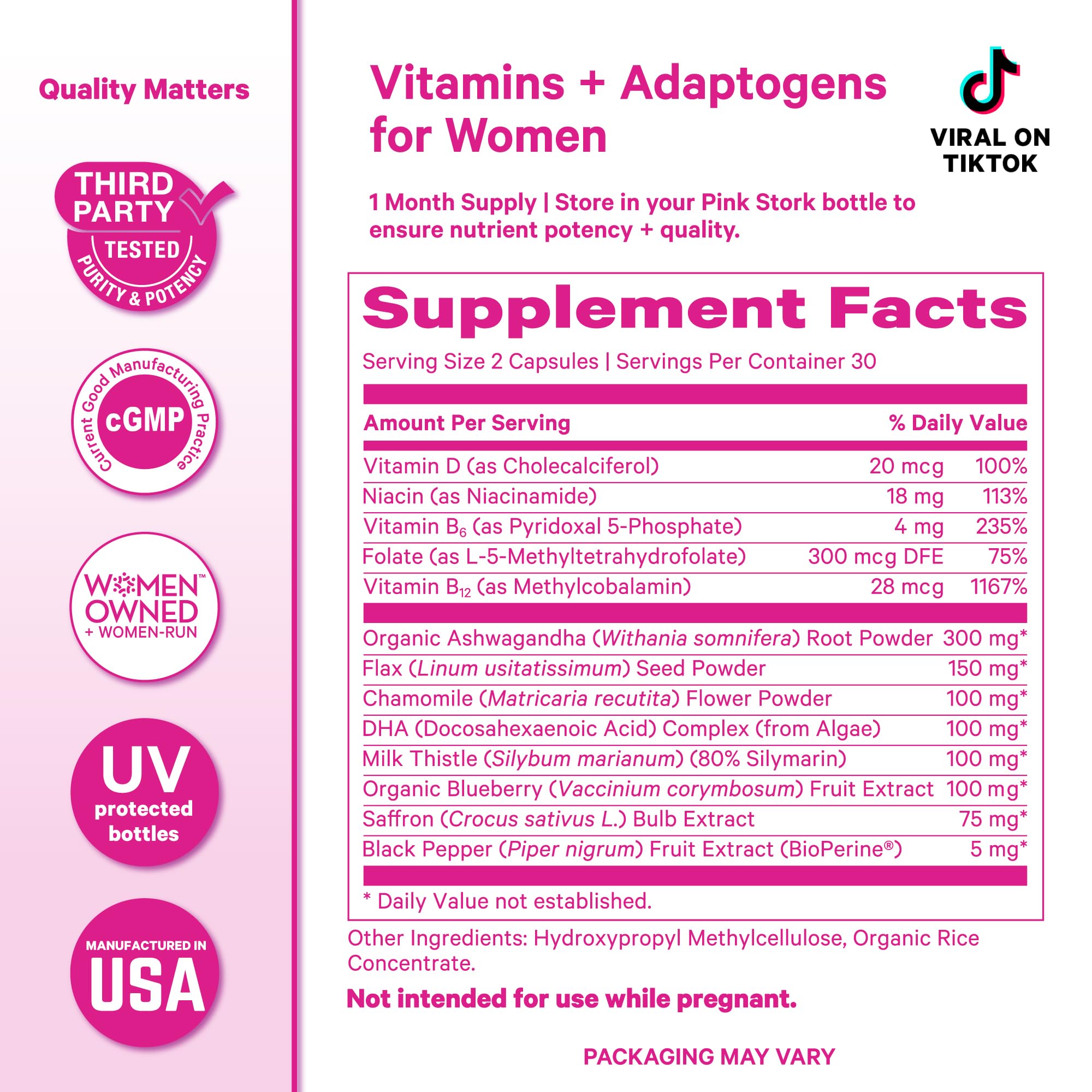 Pink Stork Cortisol Supplements vitamin D, B12, and folate details on bottle label.