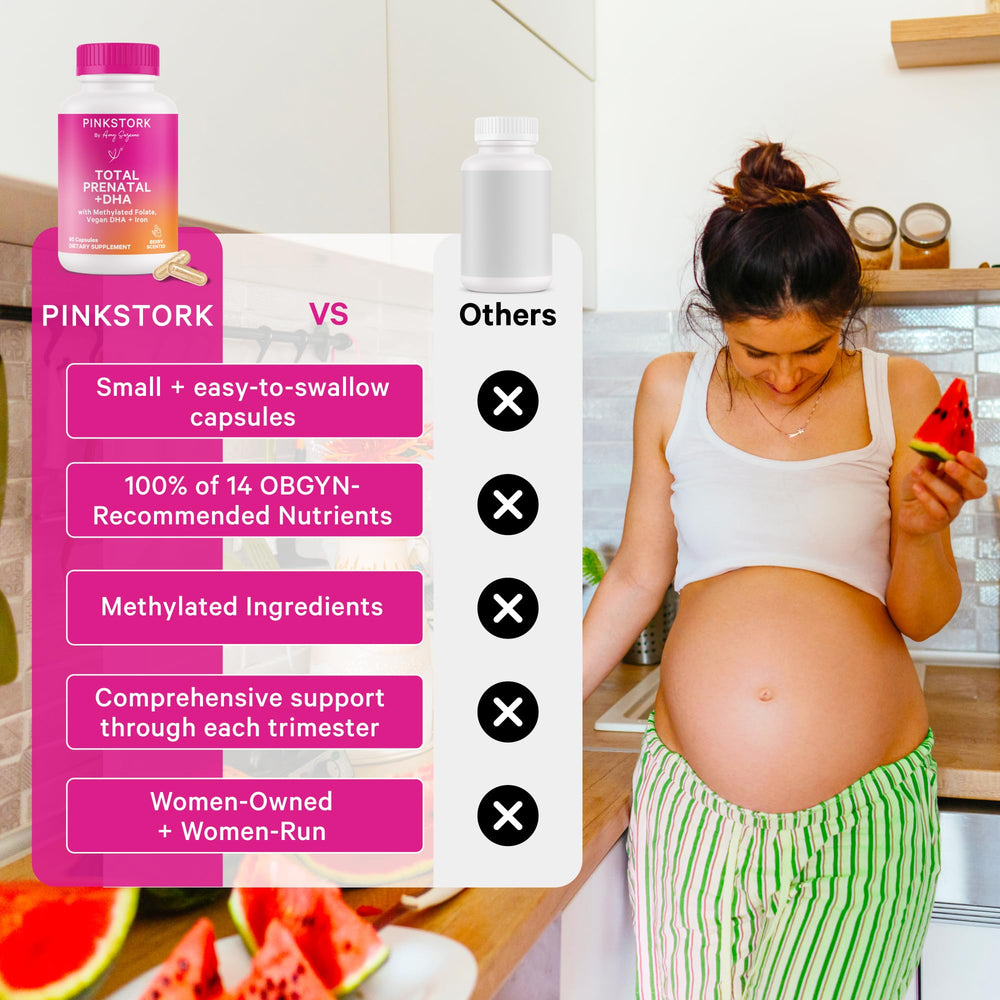Pink Stork bottle details DHA, folate, iron, and choline contents.