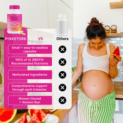 Pink Stork bottle details DHA, folate, iron, and choline contents.