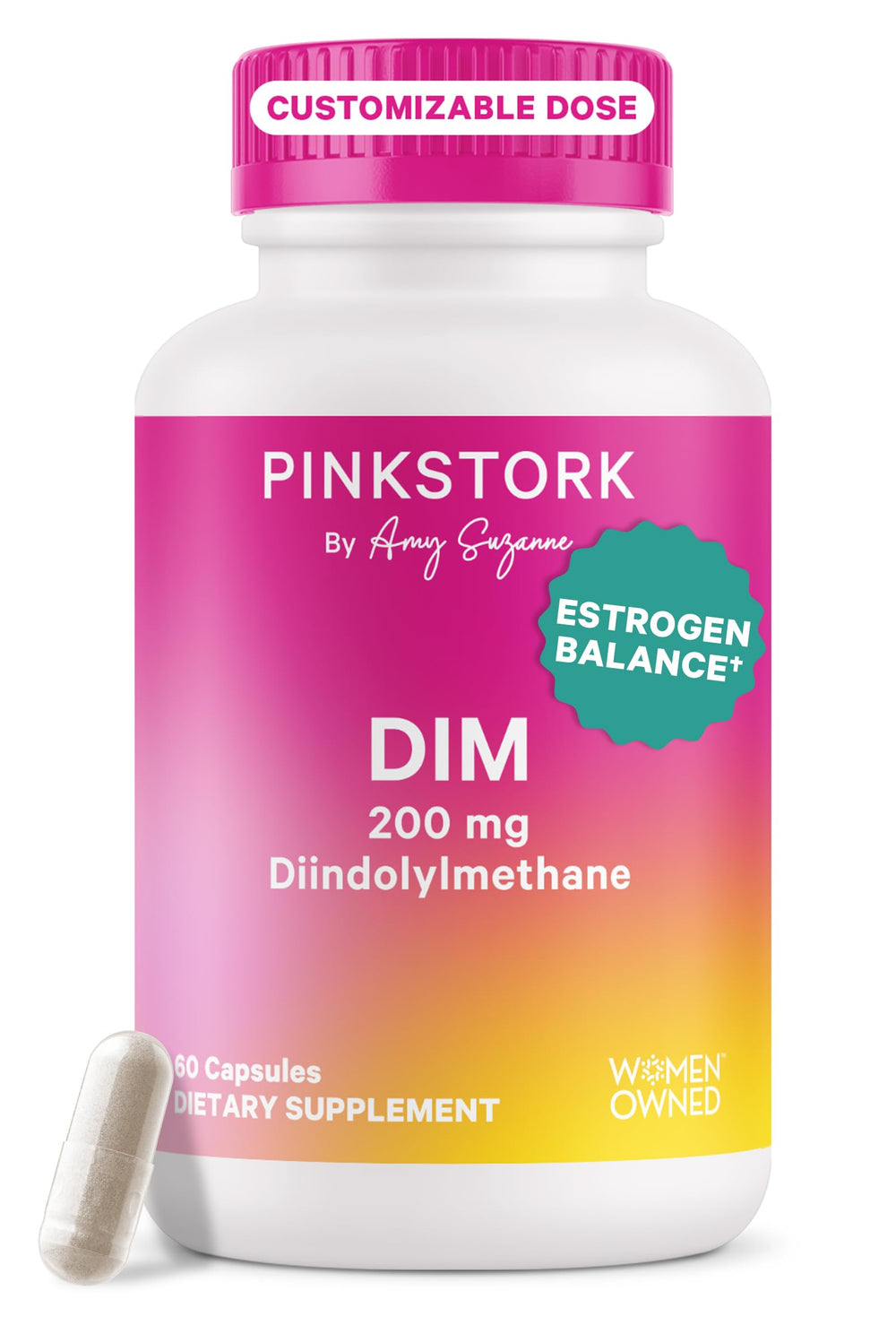 Pink Stork DIM bottle front for daily hormone balance support.