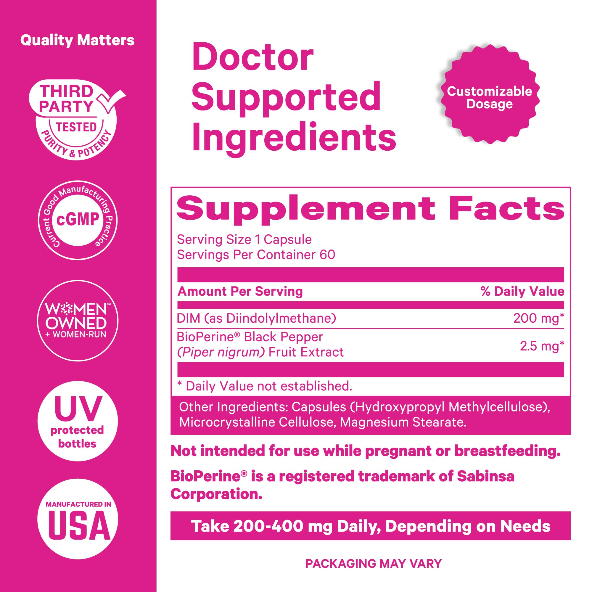 Pink Stork DIM label detail highlighting vegan and non-GMO claims.