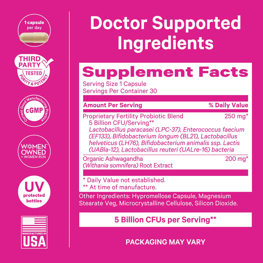 Pink Stork Fertility Probiotics 6 probiotic strains close-up