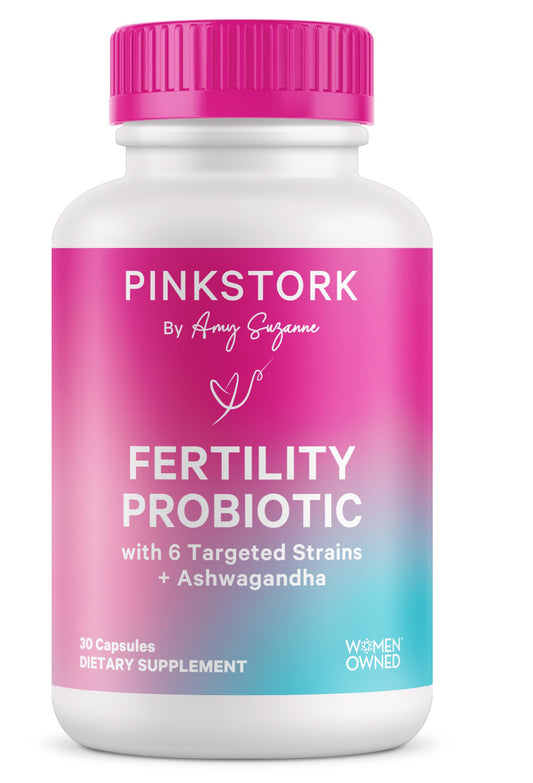 Pink Stork Fertility Probiotics bottle showing capsules for gut and vaginal pH support