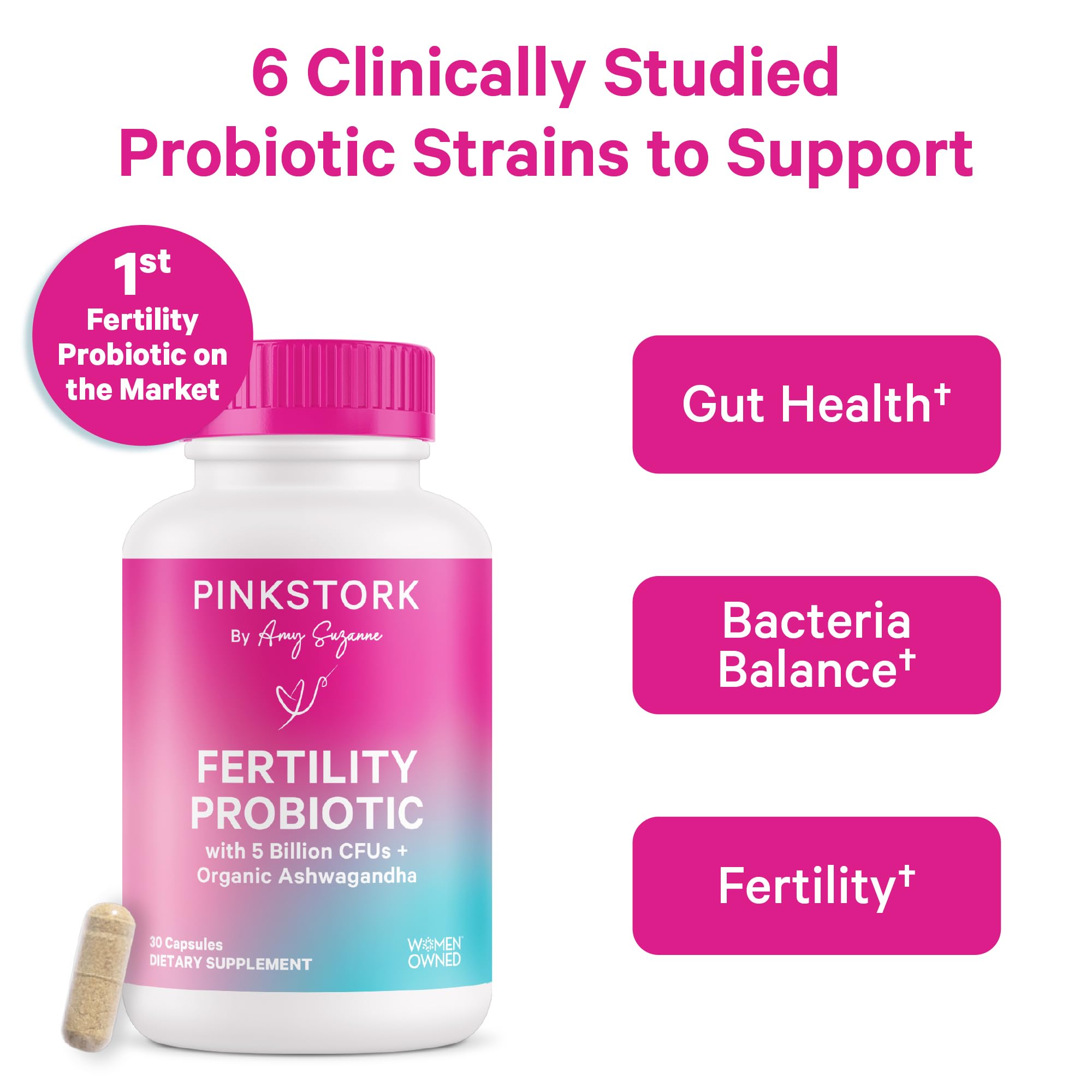 Pink Stork Fertility Probiotics capsules up close highlighting CFUs and strains