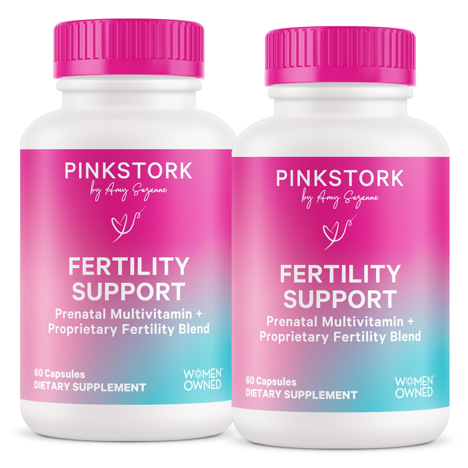 Pink Stork Fertility Support bottle with capsules for daily conception nourishment.