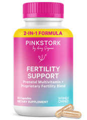 Pink Stork Fertility Support bottle promotes easy daily use for cycle regularity.