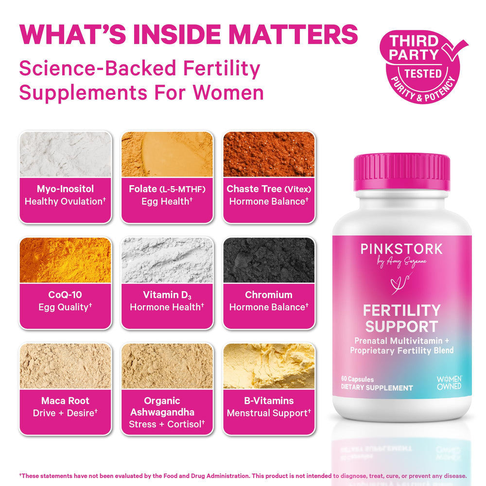 Pink Stork Fertility Support capsules closeup highlighting vegetarian capsules and nutrient blend.