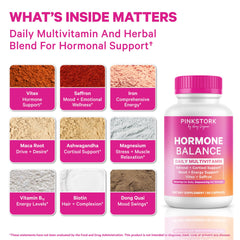 Pink Stork Hormone Balance bottle cap close-up emphasizes bottle design and capsules.