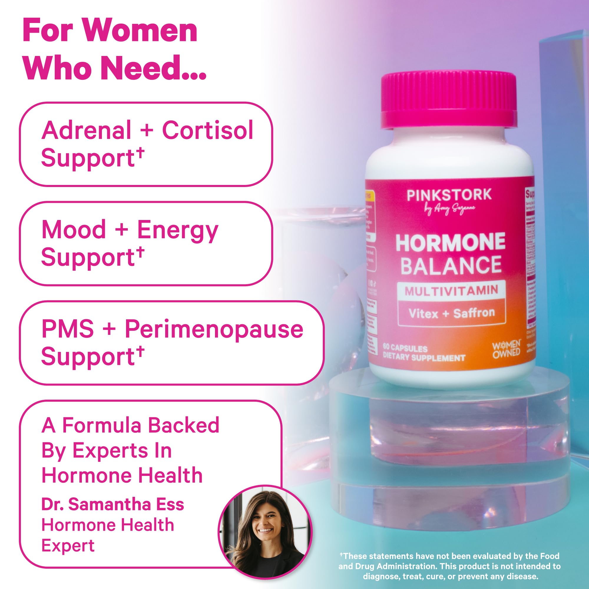 Pink Stork Hormone Balance capsules on daily dose showcase easy two-capsule routine.