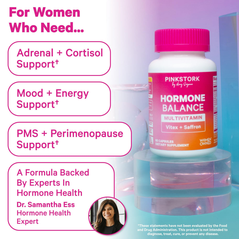 Pink Stork Hormone Balance capsules on daily dose showcase easy two-capsule routine.