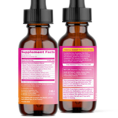 Herbal ingredients visual beside Pink Stork Hormone Balance Drops