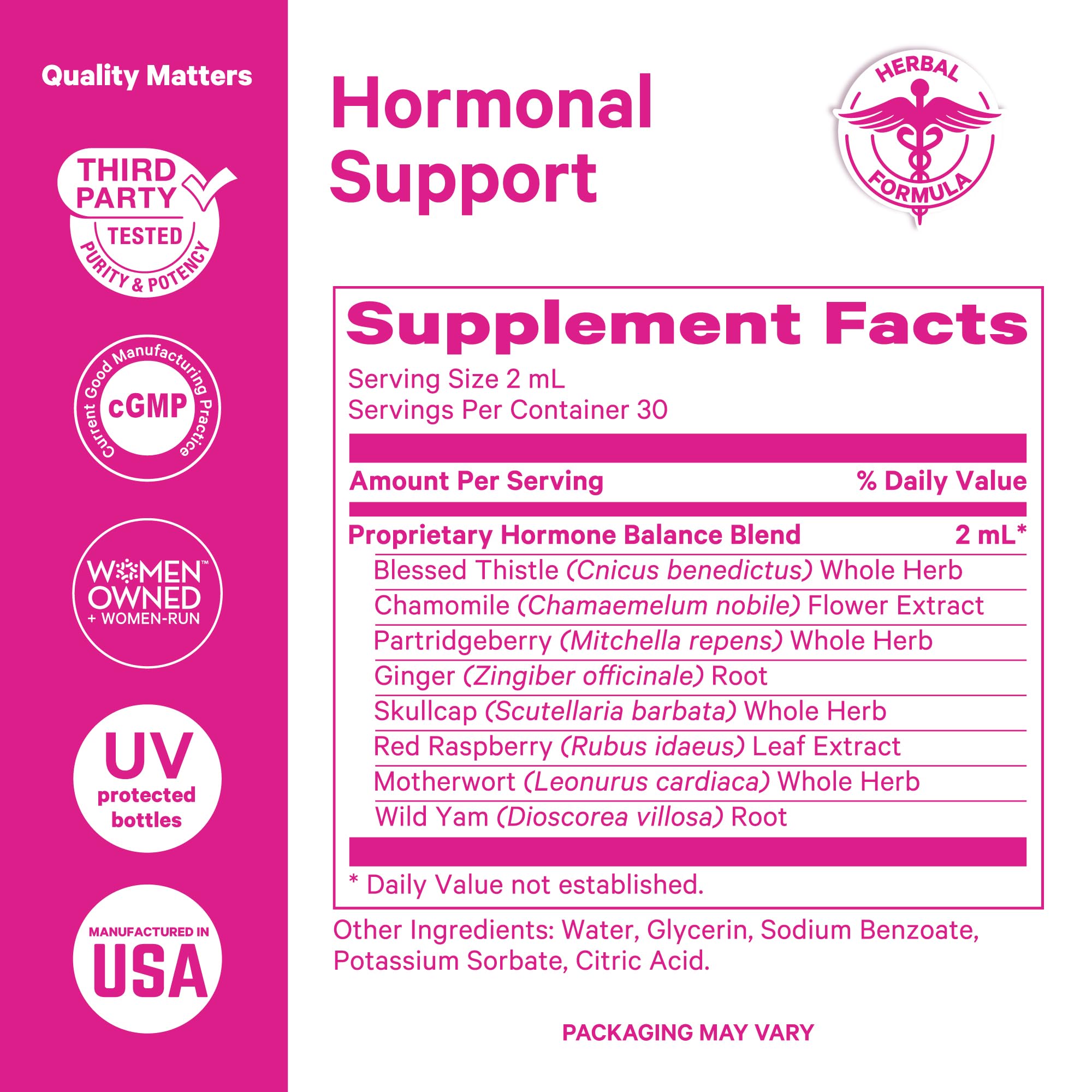 Ingredient panel of Pink Stork Balance Drops highlighting red raspberry leaf and wild yam