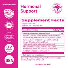 Ingredient panel of Pink Stork Balance Drops highlighting red raspberry leaf and wild yam