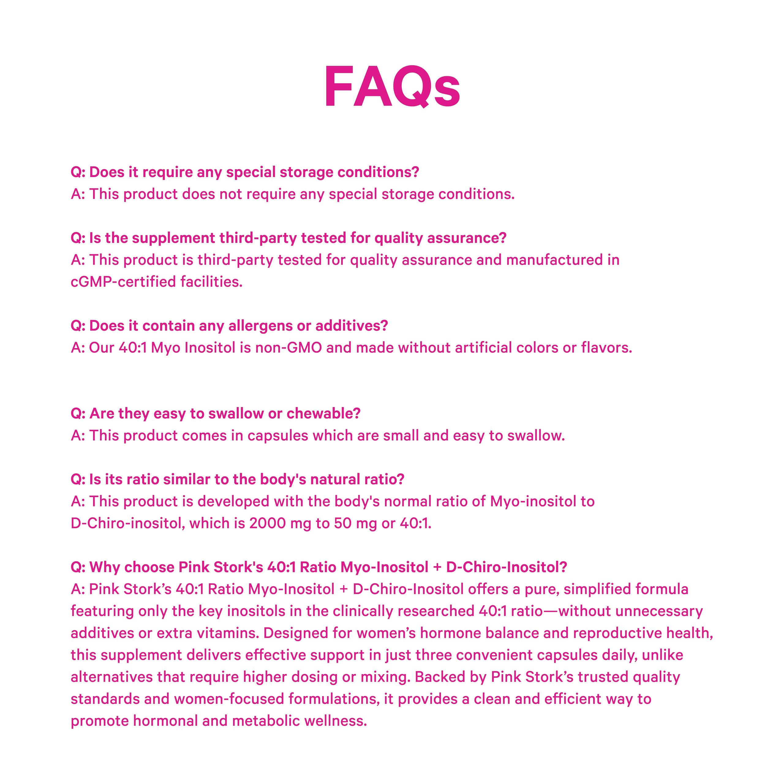 Pink Stork Inositol ingredient checklist highlighting clean, vegan, GMO-free formulation.