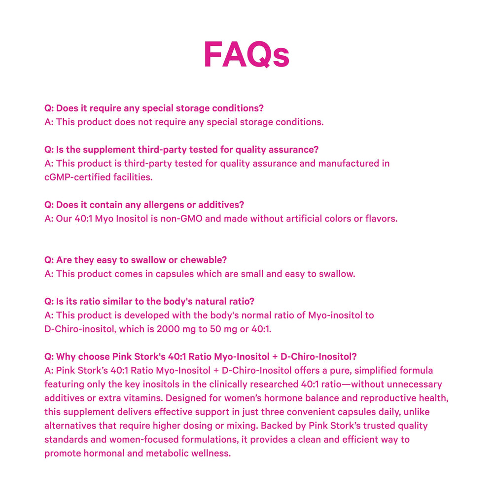 Pink Stork Inositol ingredient checklist highlighting clean, vegan, GMO-free formulation.