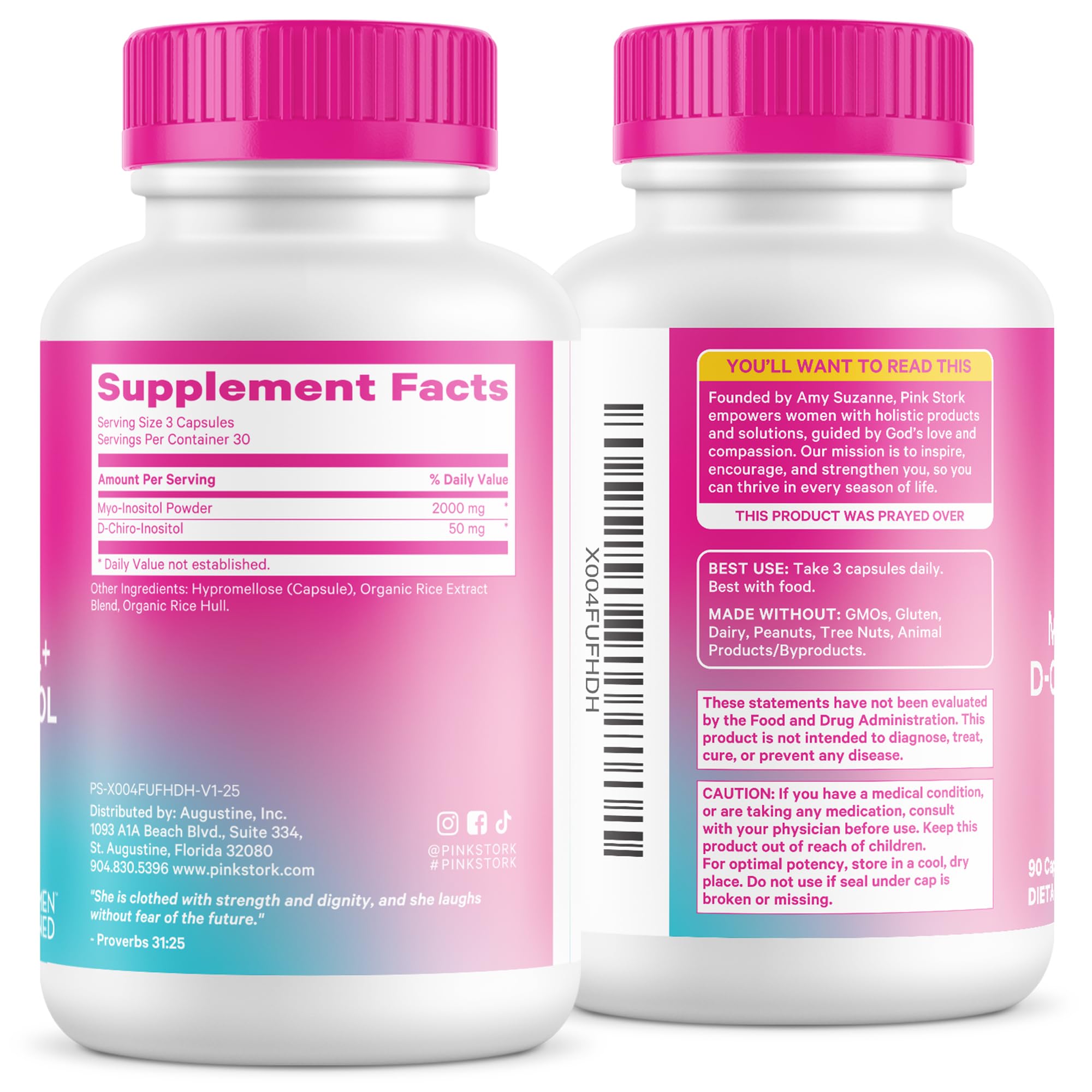Pink Stork Inositol label shows the 40:1 blend for ovarian health support.