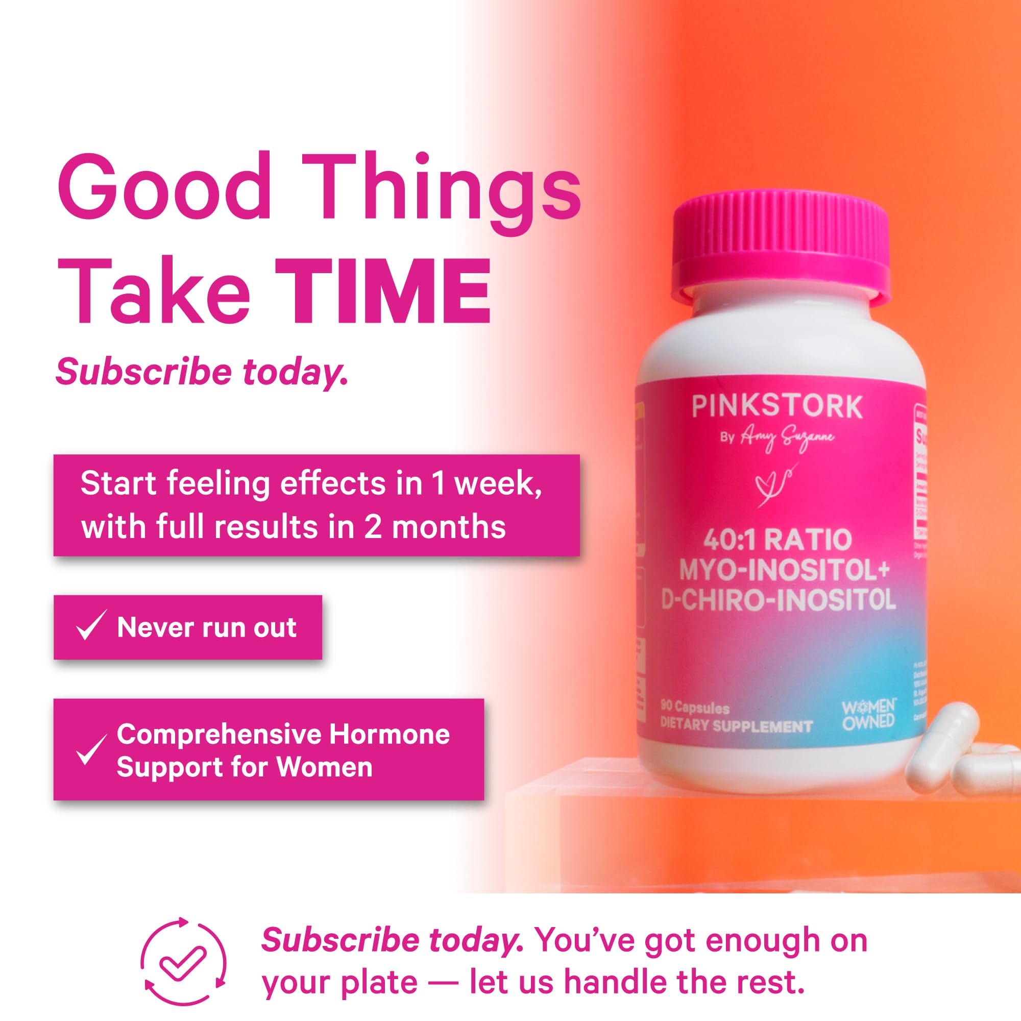Pink Stork Inositol label detail with clear dosing information for reliable daily use.